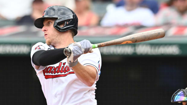 Aug 6, 2023; Cleveland, Ohio, USA; Cleveland Guardians center fielder Myles Straw (7) hits a single during the third inning against the Chicago White Sox at Progressive Field. Mandatory Credit: Ken Blaze-USA TODAY Sports